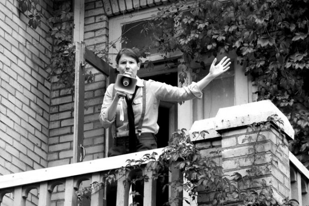 "Jim" Watts on the balcony of The Factory Theatre in Jesus Chrysler at Lab Cab. Photo by Julien Lafleur courtesy of Lab Cab