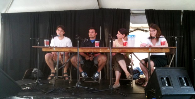 In July the Indie Caucus held a "Tent Talk" at The Toronto Fringe Festival to discuss the challenges independent artists faced working with CAEA. (l-r) Aaron Willis, Franco Boni, Julie Tepperman, Margaret Evans