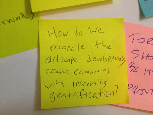 A post-it with one of the debate topics suggested at our interactive debate suggestion installation at The Next Stage Festival